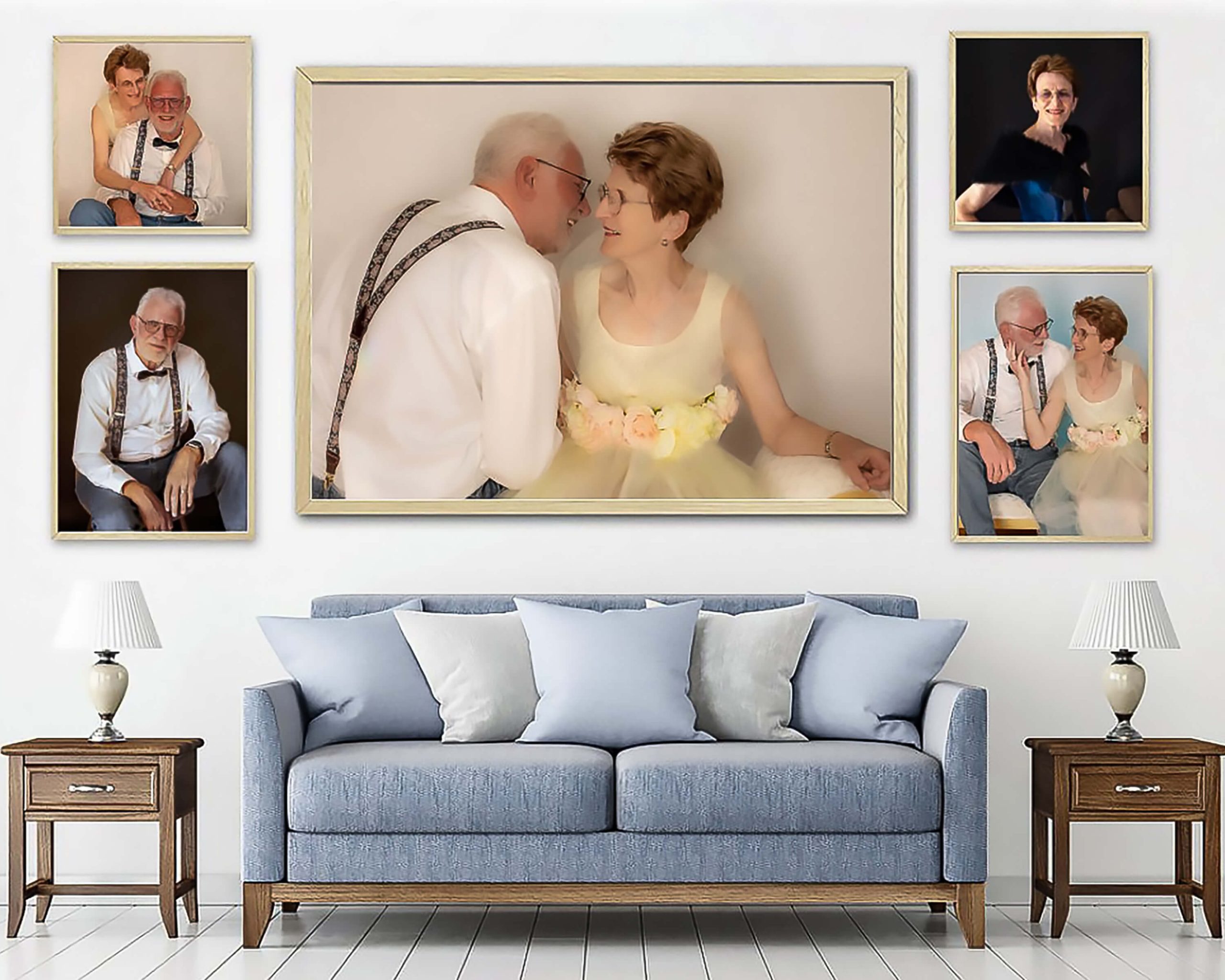 Living room with large wall art over the couch, flanked by 2 smaller framed images on both sides. Images are of 80 year old couple celebrating 60th wedding anniversary