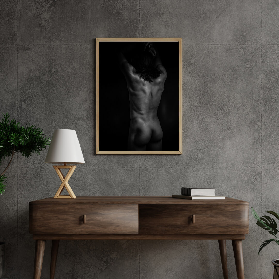 Grey 3D Industrial Style Wall Frame above modern desk, with man's nude back printed art