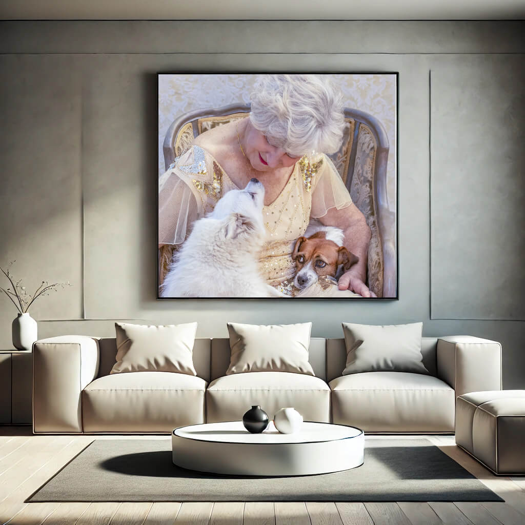 large wall art above the living room couch, with elderly woman and her 2 dogs